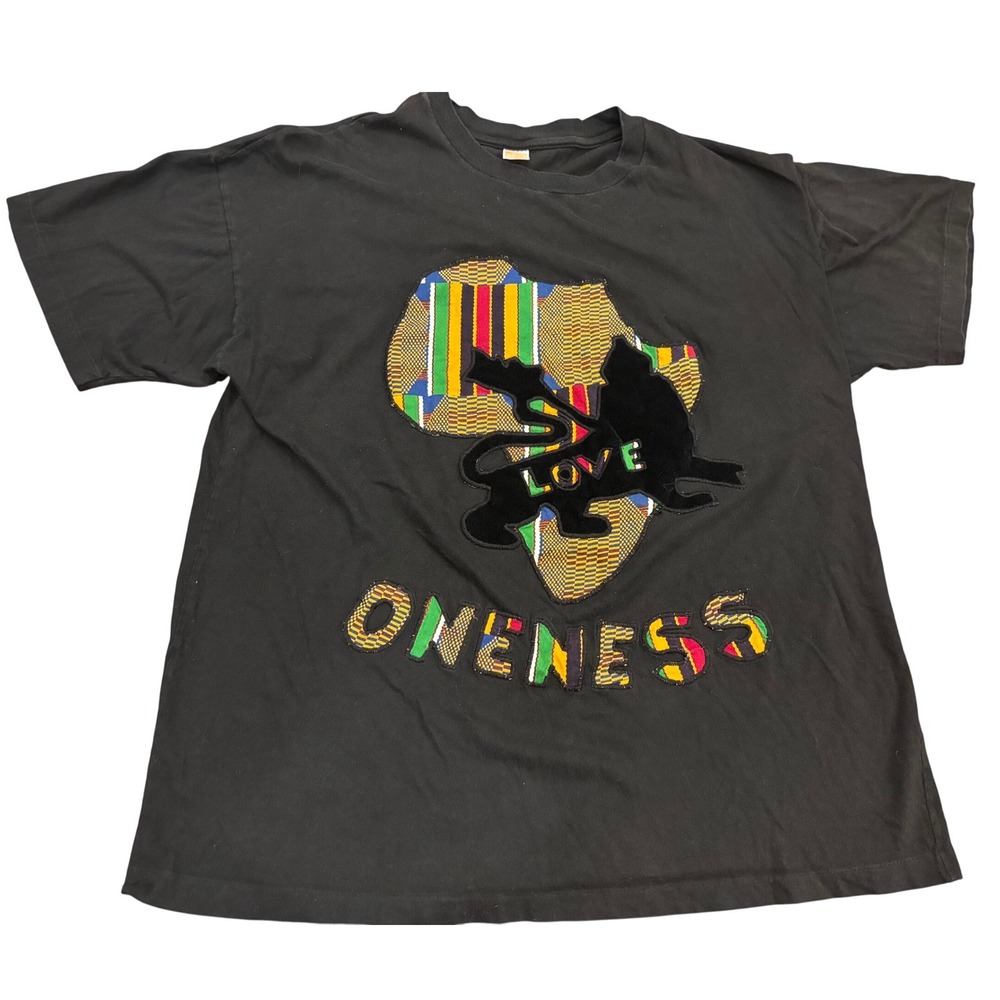 Sun Island Jamaica Men XXL Black Kente Africa Lion Love Oneness Patchwork Tee